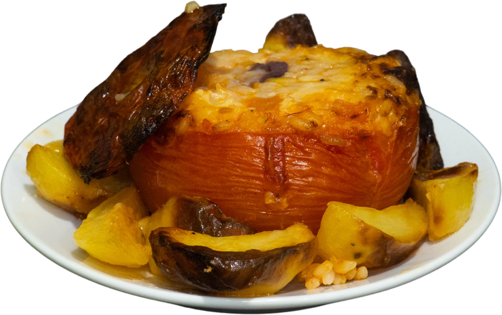 Pomodoro ripieno di riso con contorno di patate